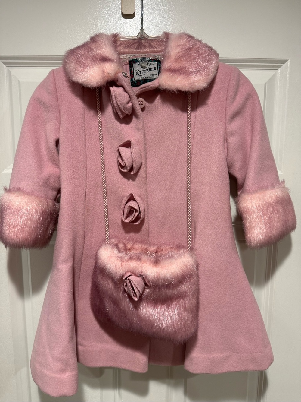 Rothschild Pink Faux-Fur Trim Girls' Dress Coat with Matching Purse & Beret